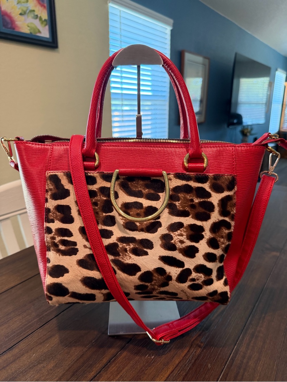 Dolce & Gabbana Leopard-Print with Red Leather Straps & Trim and Gold-Tone Ring